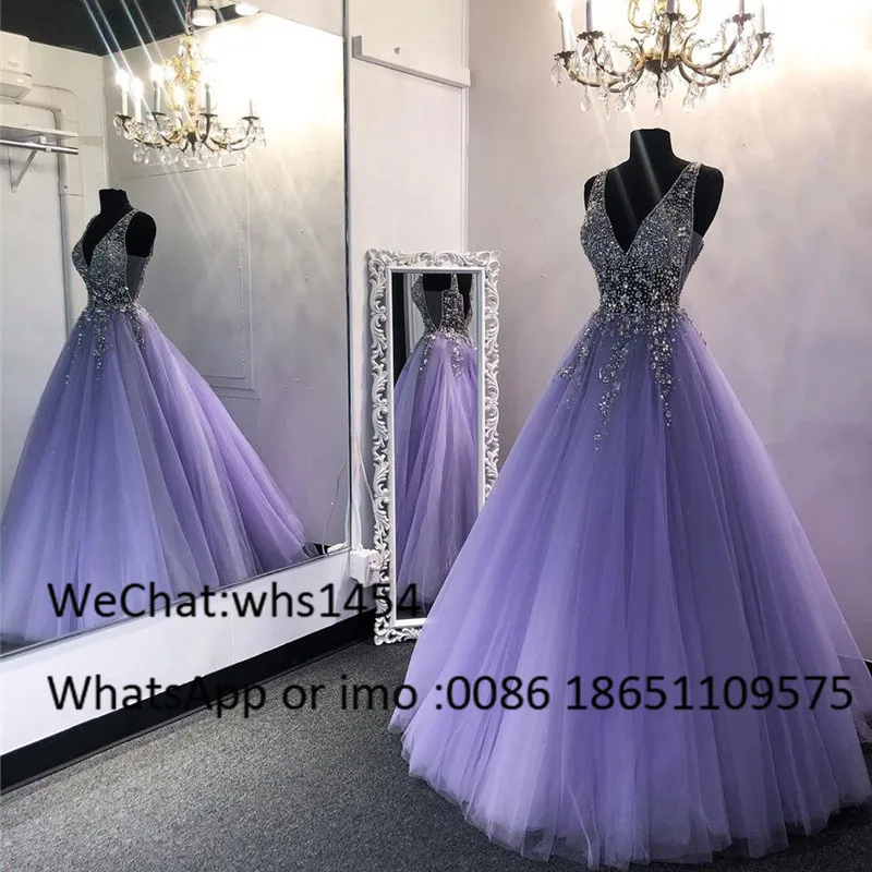 Elegant Puffty Tulle Prom Dresses Long 2023 Sheer V-neck Formal Evening Pageant Gowns Lavender Vestidos de fiesta de noche