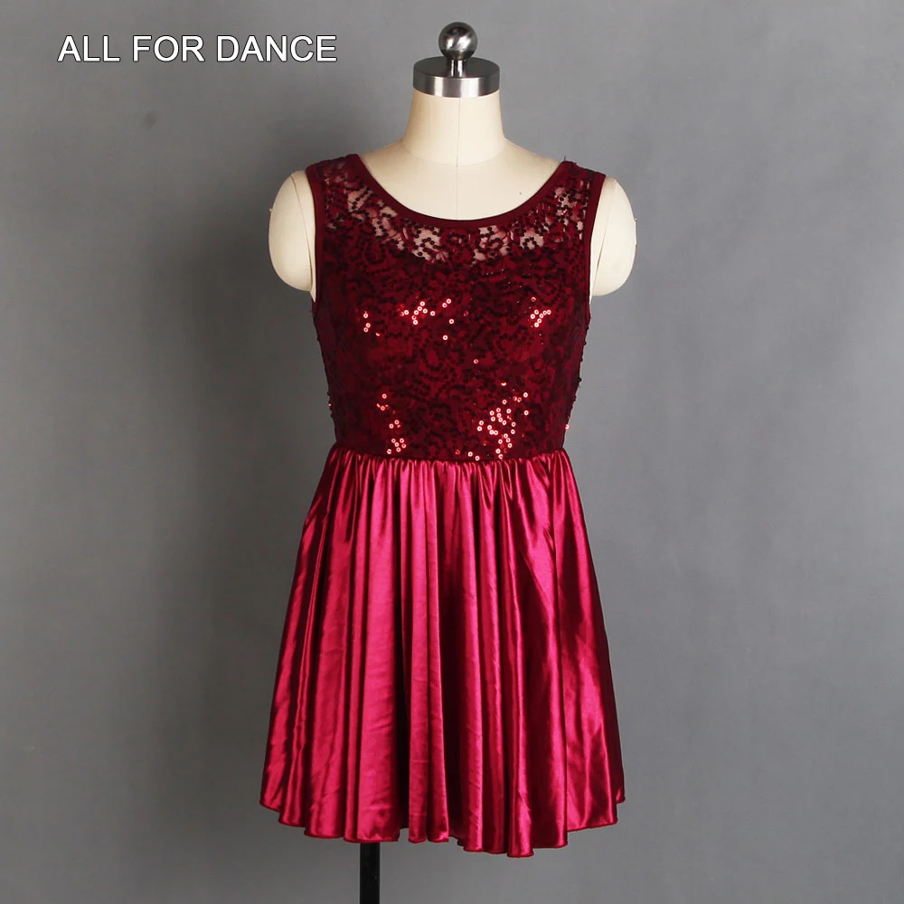 20162 Burgundy Sequin Lace Bodice With Attached Satin Skirt Lyrical&Contemporary Dance Costume for Girls/Ladies Ballet Dress