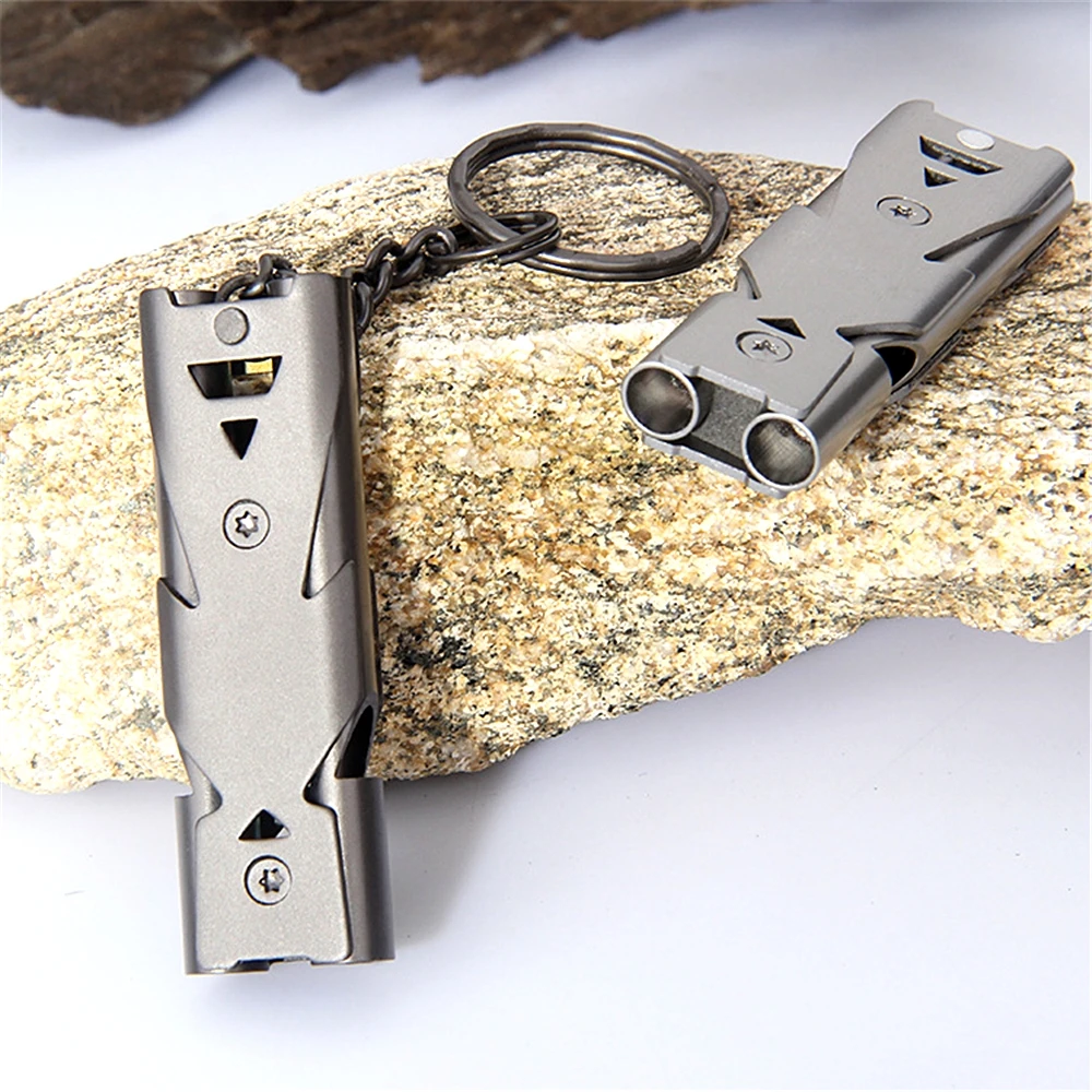 High Decibel Portable Metallic Keychain Whistle Stainless Steel Double Pipe Emergency Survival Multifunction Outdoors Tools