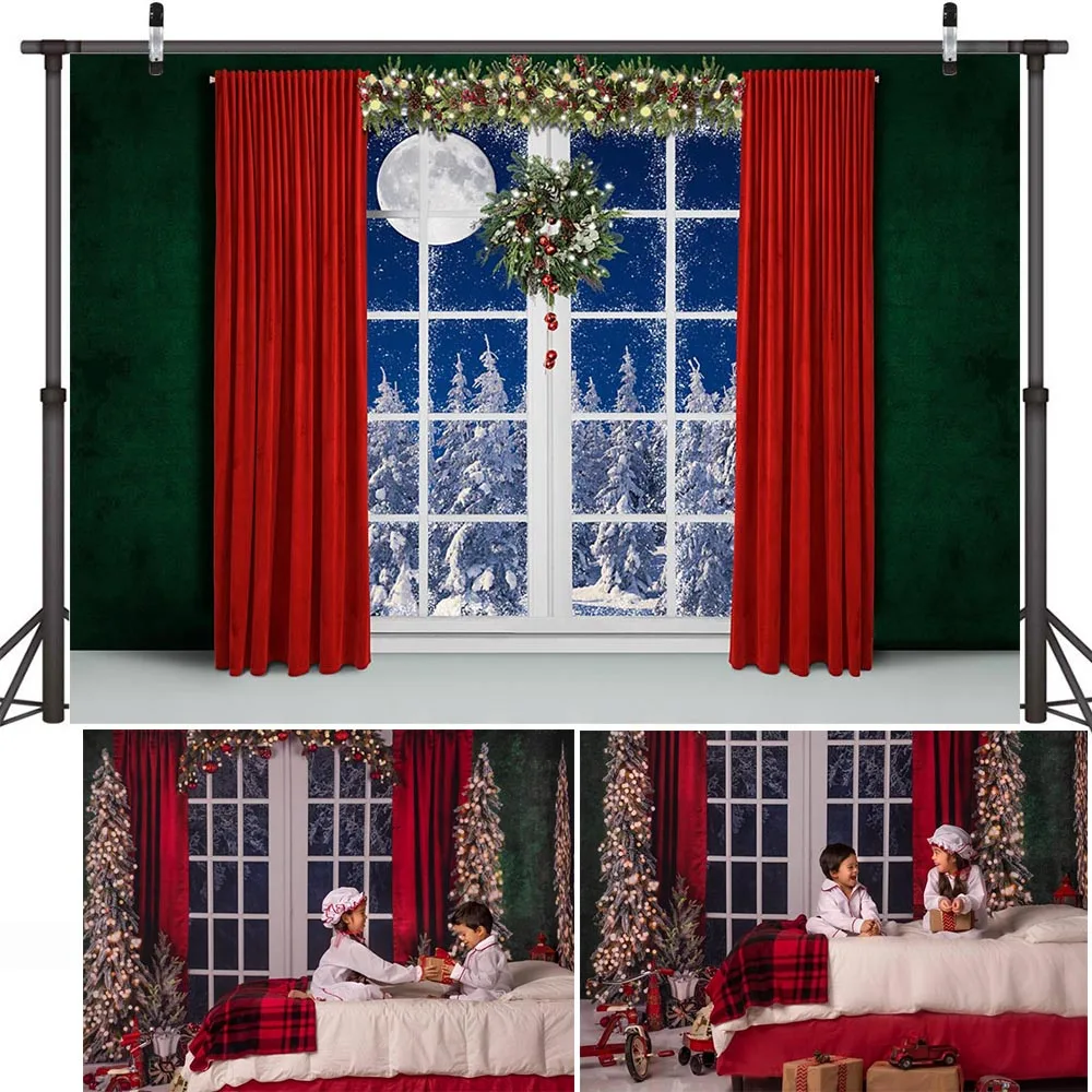 Фон для рождественской комнаты, камин, окно, зеленые абстрактные обои, фон, зимний детский семейный портрет, рождественские елки, фотосессия