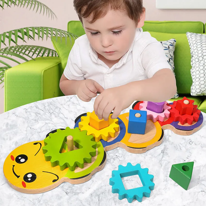 

gear block board wooden blocks Children'S Education Gear Caterpillar Toys Assembling Blocks Colorful Sorting Color Cognitive toy