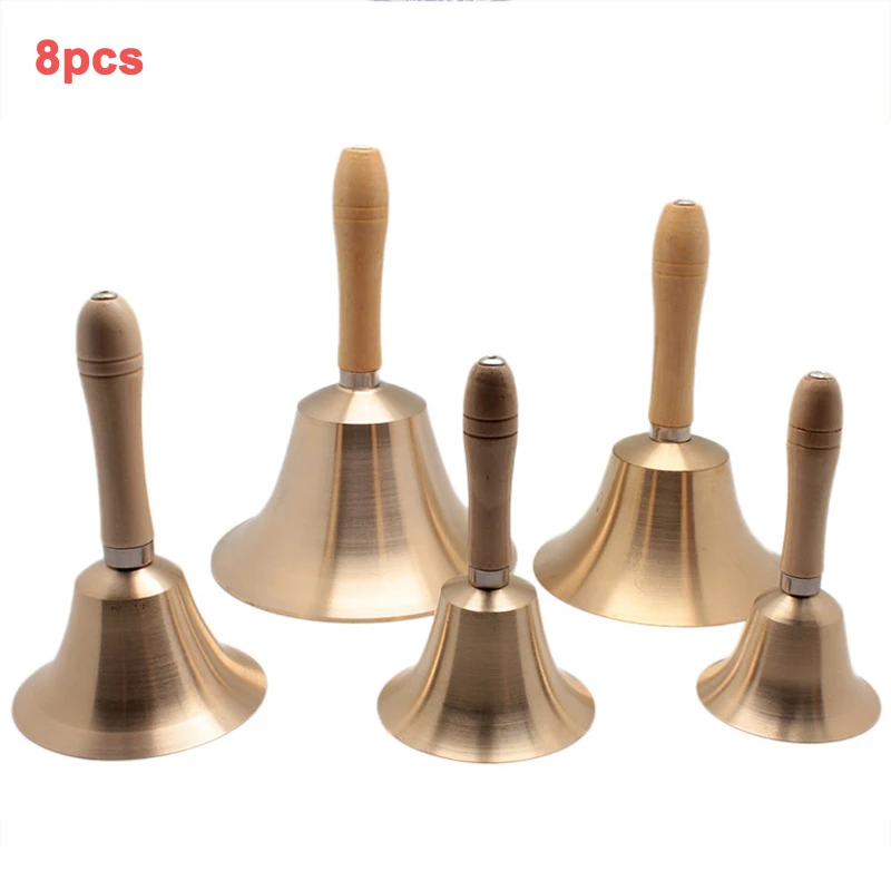 

8pcs Christmas Bells Wooden Handle Copper Bell for Noble Reception Dinner Shop Hotel Church Hand Rattle School Handbell Decor