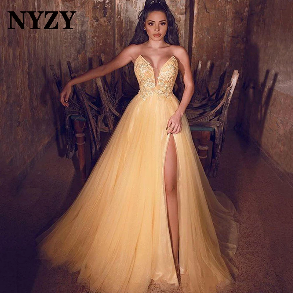 

NYZY P122 Africa Arabic Tulle High Leg Split Gold Prom Dresses 2021 Party Dresses Women Evening graduation robes