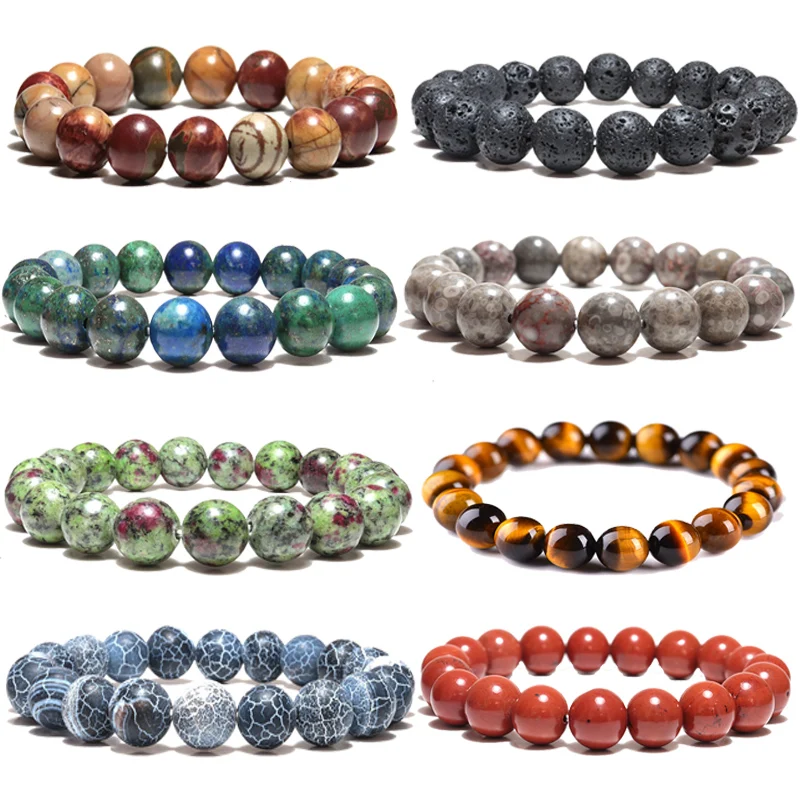 Diffone Real Natural Stone Bracelet For Man 10mm Volcanic Picasso Tiger Eye Big Beads Brazalete Homme Accessories Jewelry Charm