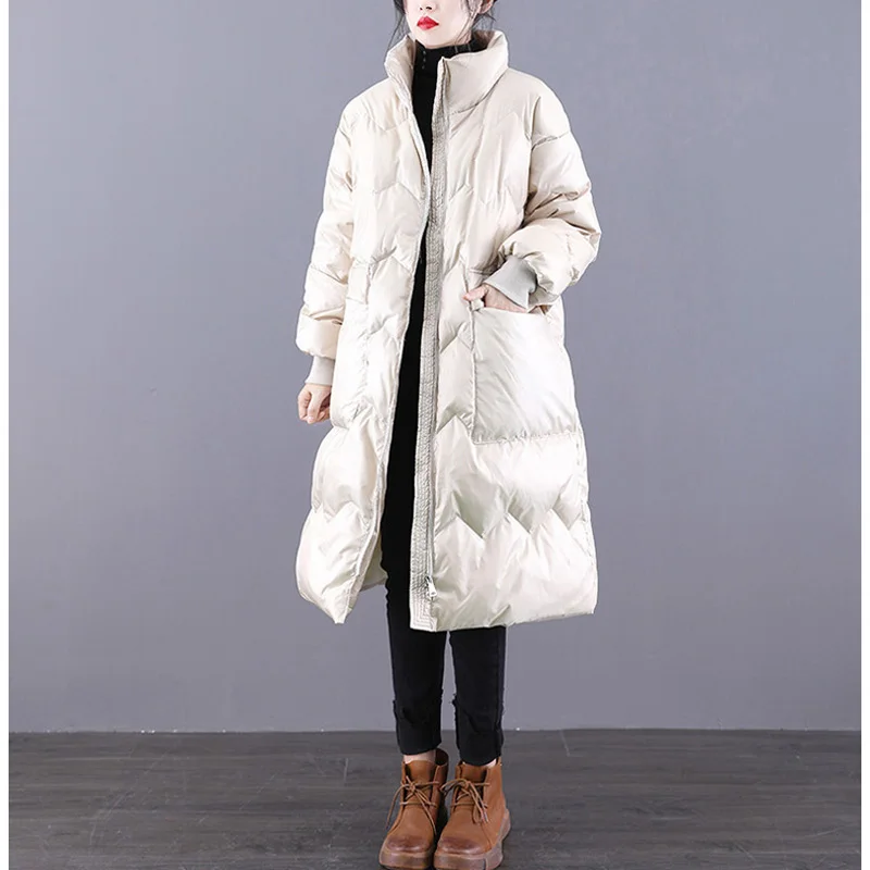 

2021 Winter New Female Loose Down Outerwear Long Solid Color Down Jacket Vintage Thicken Women Warm White Duck Down Coats