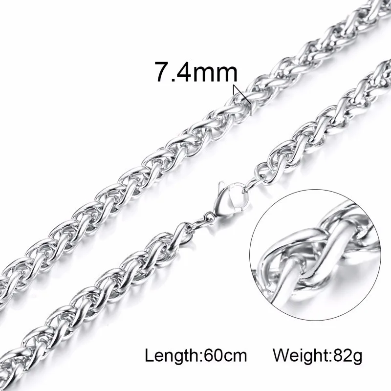 WEAR IT ALONE OR LAYER 3-7.4MM STAINLESS STEEL WHEAT CHAINS MEN NECKLACE WITH 24 INCH