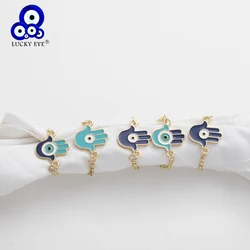 Lucky Eye Multi Color Fatima Hand Turkish Evil Eye Ring Alloy Gold Silver Color Chain Finger Ring for Women Girls Jewelry LE788