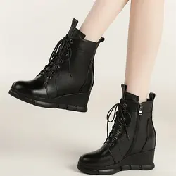 Winter Fashion Sneakers Women Genuine Leather Wedges High Heel Platform Pumps Shoes Female High Top Round Toe Motorcycle Boots