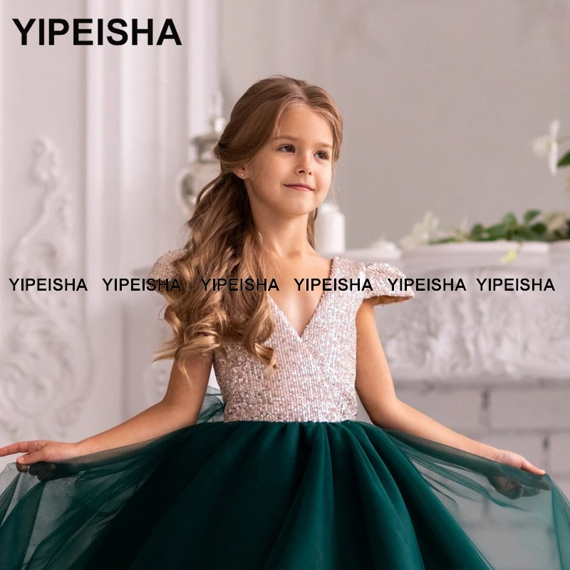 Yipeisha V-neck Cap Sleeves Flower Girl Dress Ball Gown Sequin Prom Party Gown for Kids First Communion Dresses vestido infanti