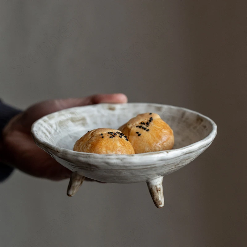 Wire Drawing Process Stoneware Fruit Bowl Chinese Modern Tall Feet Kiln Change Salad Bowls Coffee Table Desktop Snacks Dishes