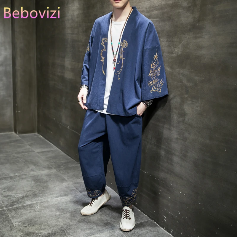 

4XL 5XL Cotton Linen Embroidery Kimono Daopao Robe Suit Summer Traditional Chinese Clothing Style Orient Tang Hanfu for Men Sets