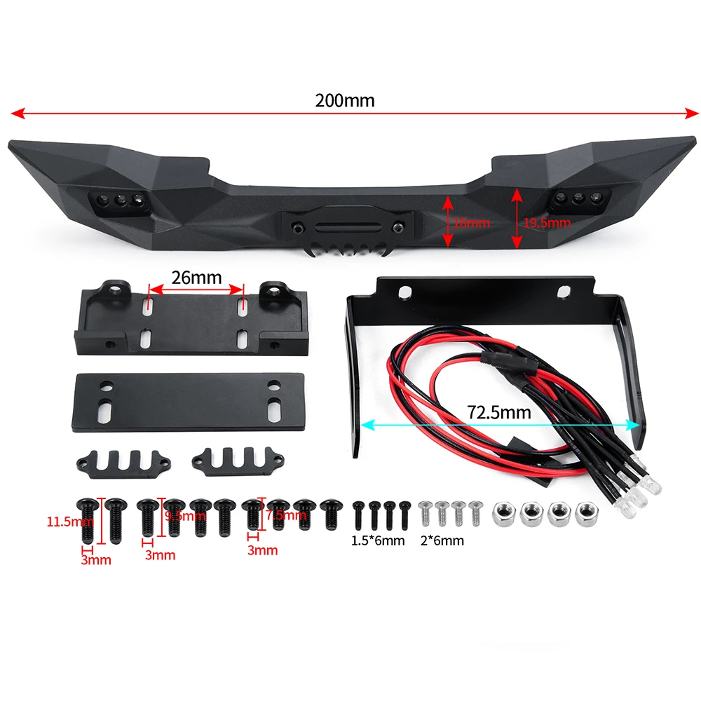 AXSPEED Metal Front Bumper with LED Light for Axial SCX10 II TRX4 TRX6 1/10 RC Crawler Car Upgrade Parts