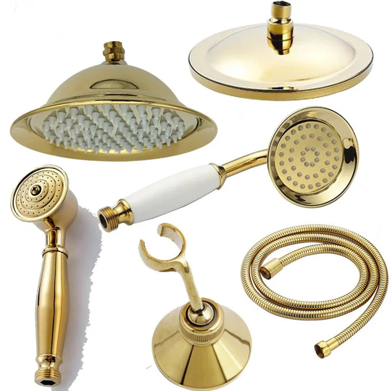 Luxury Gold Polish 8 Inch Rainfall Shower Head Brass Batnroom Hand Shower Head 1.5 M Flexible Shower Hose pipe