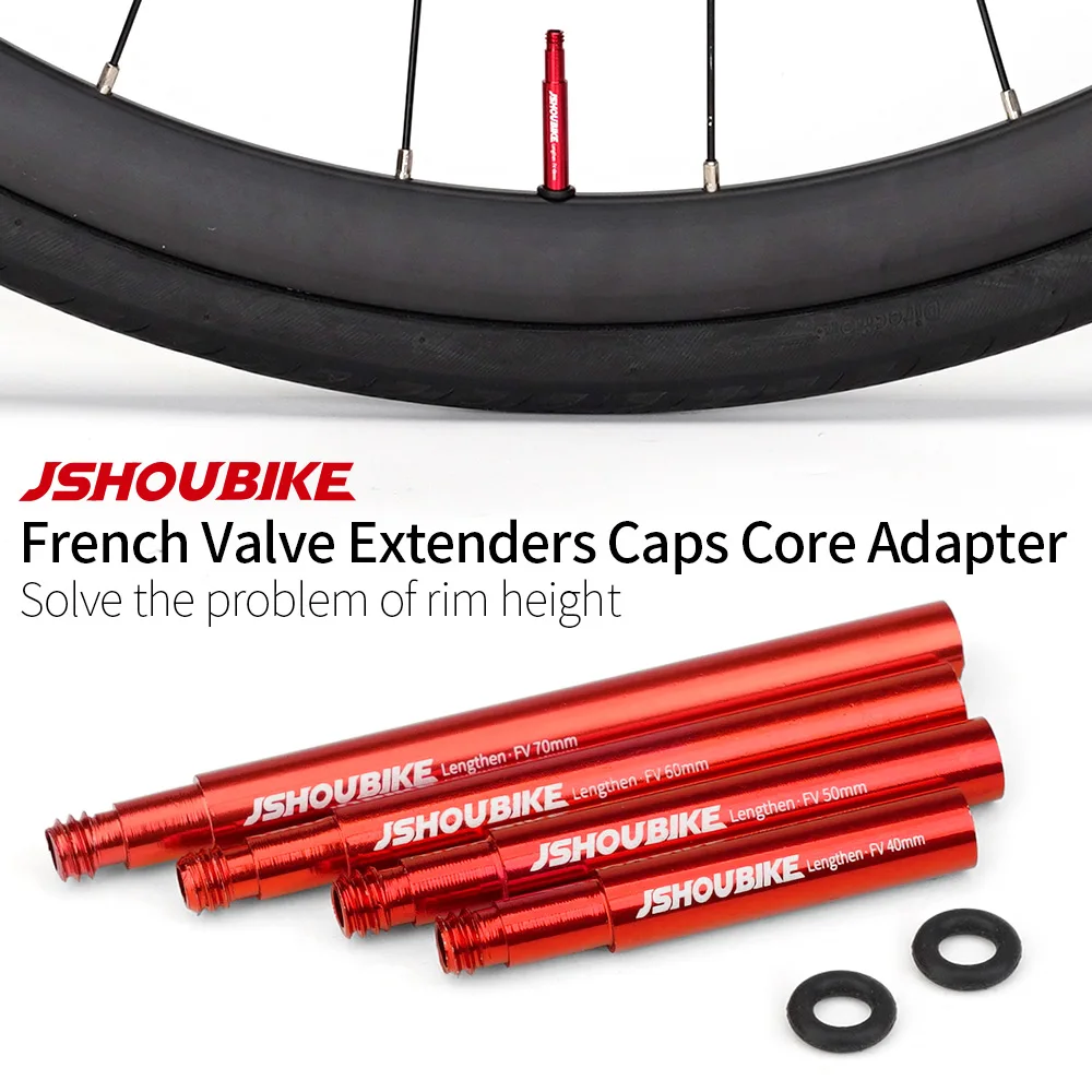 JSHOU BIKE French Valve Extenders Caps Core Adapter RED And BLACK Alloy Stem 40 60 80 100 120mm W/ Alloy Cap & Tool