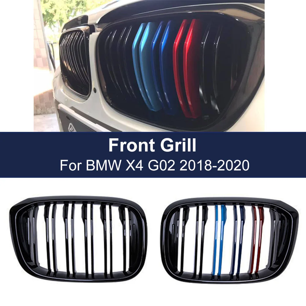 1Pair Car Racing Grille Double Slat Line M Color For BMW 3 4 X3 X4 G01 G02 G08 2018-2021 Gloss Black Grill M Style Front Grilles