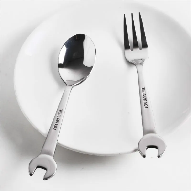 Stainless Steel Shovel Spoons Forks Wrench Shape Coffee Tea Spoon Cutlery Kitchen Ice Cream Dessert Fruit Fork Scoop Tableware