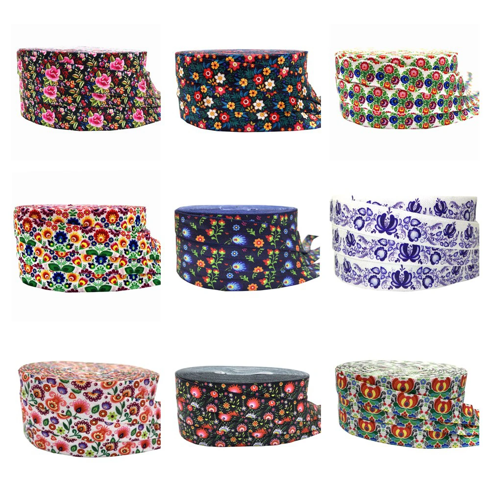 16mm Cute Flowers Print Shiny Fold Over Elastic FOE Spandex Satin Band Tape Hair Tie Headband Dress Sewing Accessories