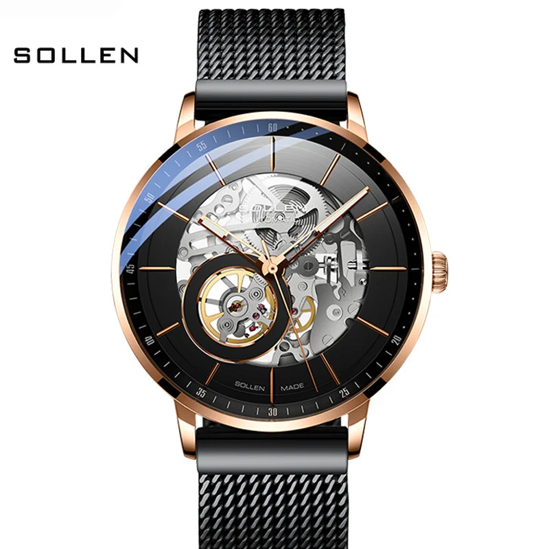 Switzerland Luxury Brand SOLLEN Automatic Mechanical Men‘s Watches Waterproof Dual Skeleton Luminous Hands Steel Clock SL316