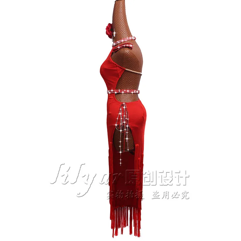 New Latin Dance Dress Competition Dress Costumes Skirt Performing Dress Rhinestones Adult Customize Children Red Fringed Skirt