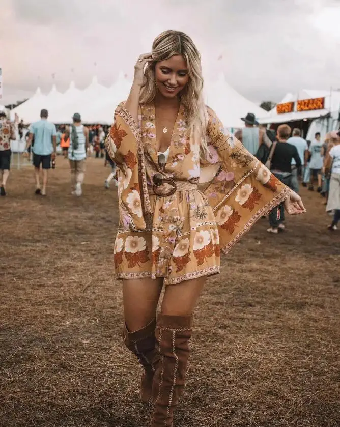 BOHO Women Bohemian Yellow V neck Flower Print Kimono Shirt Holiday Beach Tide Bow Sashes Mid Long Cardigan Blouse Tops