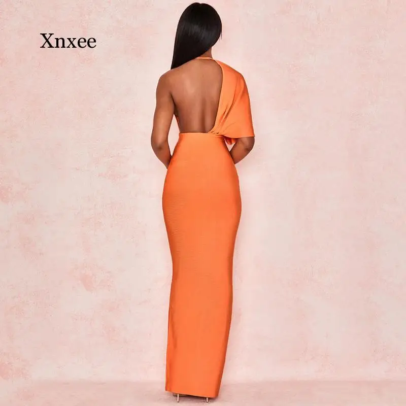 Asymmetric Women's Deep V Neck Long Dress Orange One Shoulder Half Sleeve Bandage Dresses Women Elegant Backless New Clothing