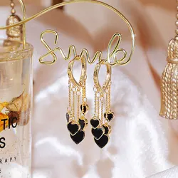 Korean Plating 14k Real Gold Minimalist Retro Black Heart Charm Earrings Tassel Temperament Luxury Delicate Romantic Earrings