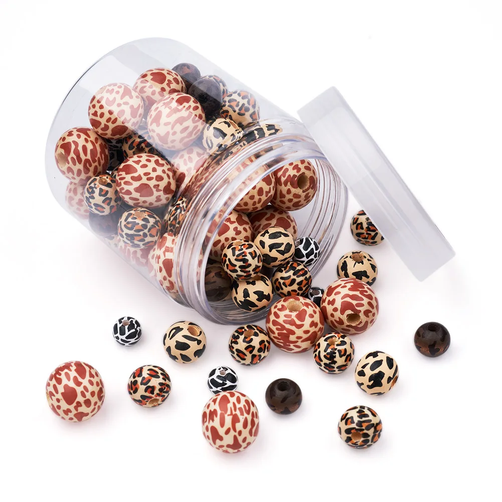 Pandahall 1Box Leopard/Cow Printed Natural Wooden Beads Round Wood Beads Balls for Crafts DIY Garland Keychains Bracelet Jewelry