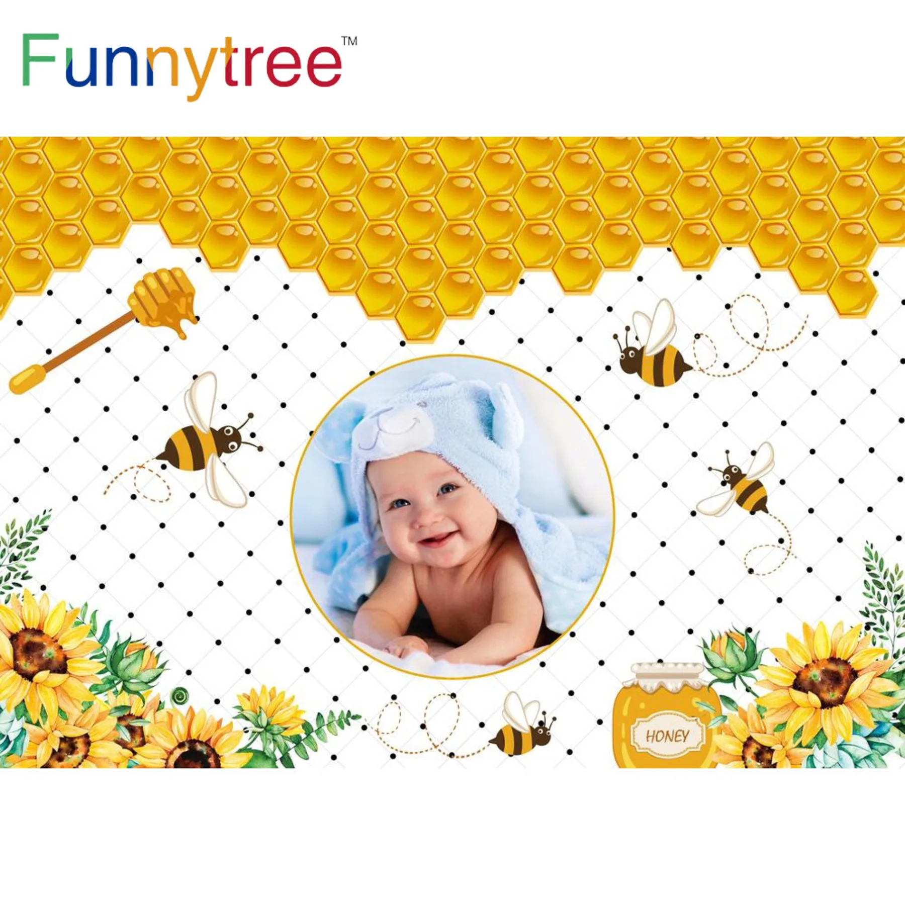 Funnytree Bee Yellow Sunflowers Background Kid Newborn Birthday Party Banner Backdrop Baby Shower Event Wallpaper Curtains Decor