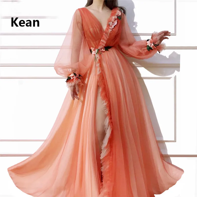 Orange Evening Dress V-Neck Lantern Sleeve Flowers Slit robe soiree Islamic Dubai Kaftan Saudi Arabic Prom Dress abendkleider