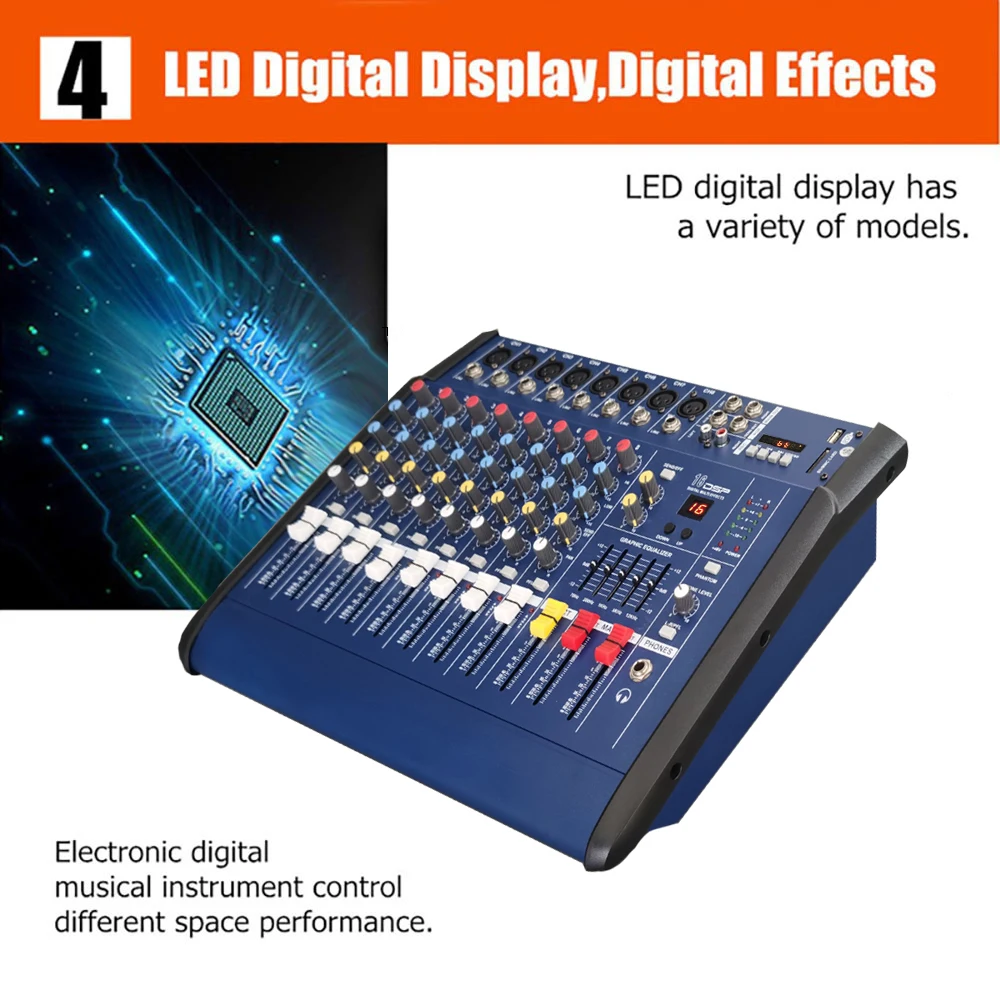 GAX-802D profissional 8 canais console misturador de áudio digital karaokê microfone amplificador de mistura de som embutido 48v phantom power