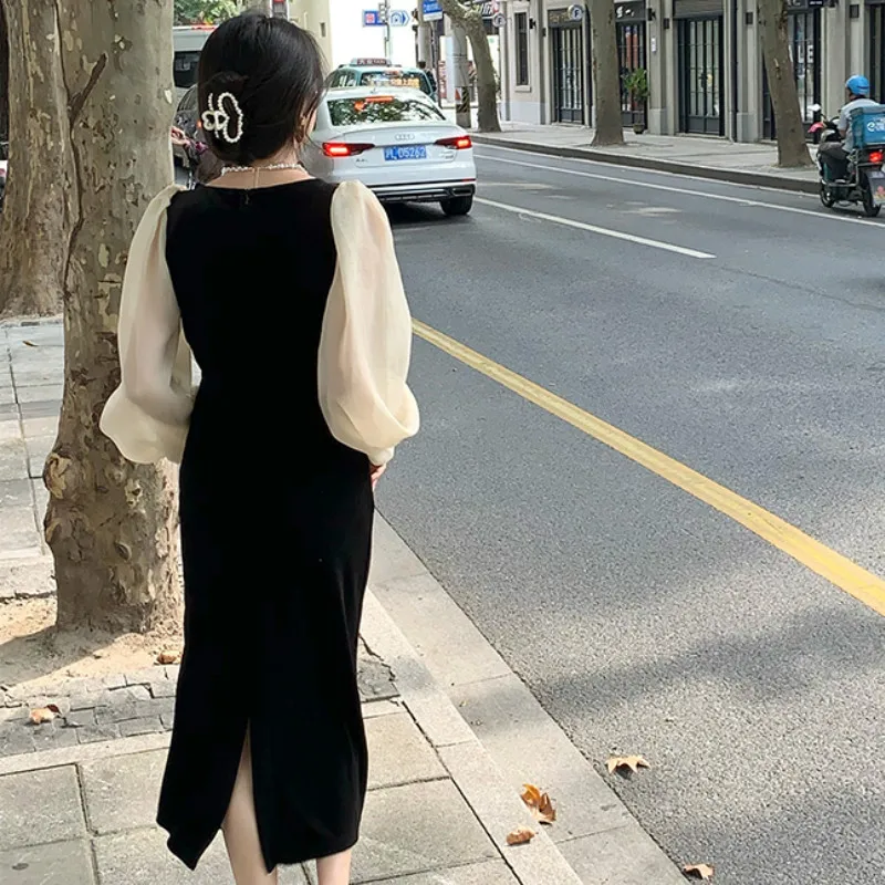 Long Sleeve Dress Women Chic Elegant Ulzzang Female Casual Patchwork Party Retro Lovely Streetwear Autumn V-neck Mid-calf Simple