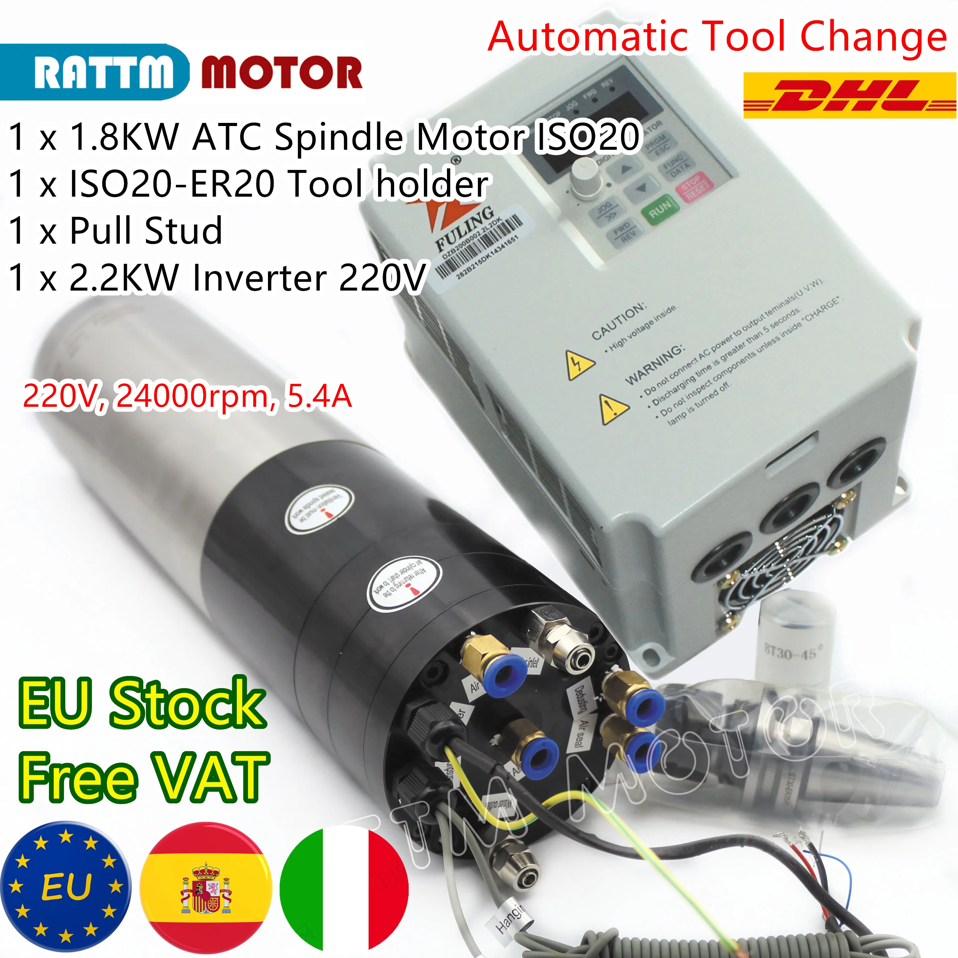 

『EU Free』1.8KW ATC Water Cooled Spindle Motor Automatic Tool Changer 220V 80mm, ISO20, 24000rpm + 2.2KW Inverter for CNC Router