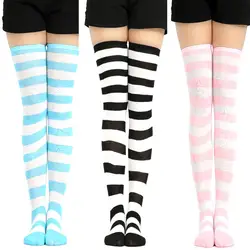 Sweet Women Stripe Thigh High Over The Knee Stockings Stretch Long Cosplay girls High Over The Knee Stockings