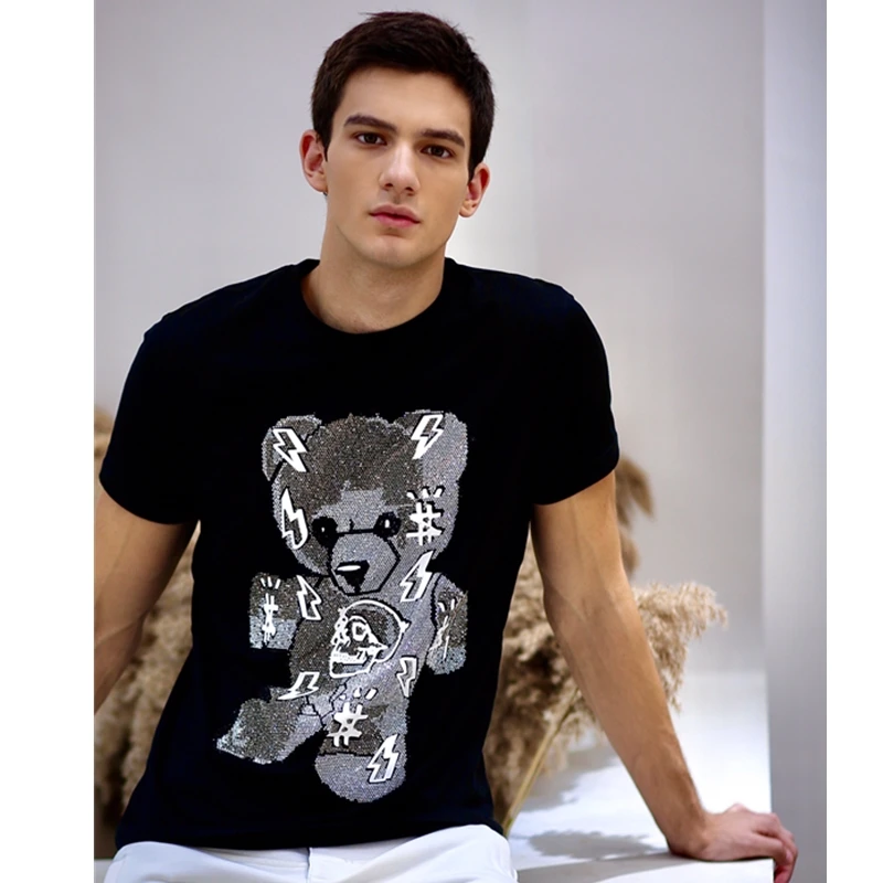 Alex Plein T shirt Men Summer Casual Cotton Teddy Bear Rhinestones Crystal Shortsleeve Round Neck 2020 Summer Streetwear Cartoon