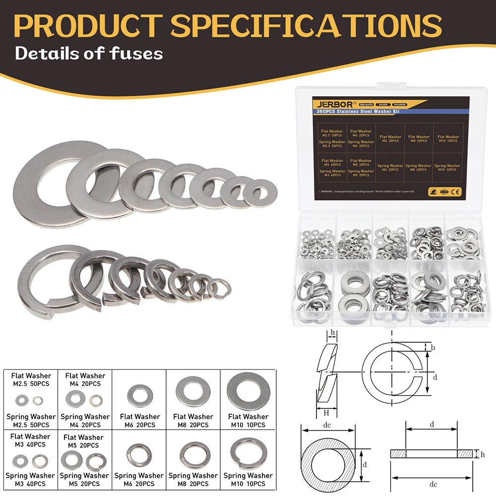 

JERBOR 360 PCS Stainless Steel Flat & Spring WashersM2.5,M3,M4,M5,M6,M8,M10,Flat Spring Washers,Seal Assortment with Box