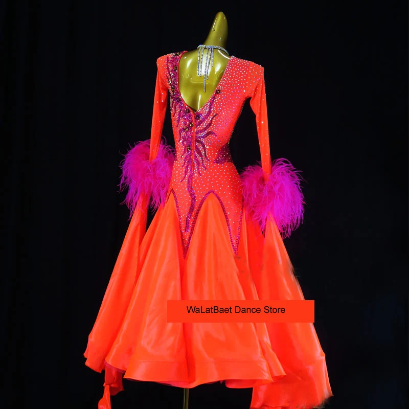 Feather Standard Ballroom Dance Dress Women Girls Competition Costume Lycra Waltz Stage Custom Made Orange Ballroom Dance Dress