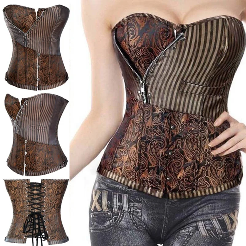 Minout moly hnědá sexy korzety a bustiers steampunk korzet nejvyšší pás tummyr gotický oblečení šněrovačka brokát zip patchwork S-2XL