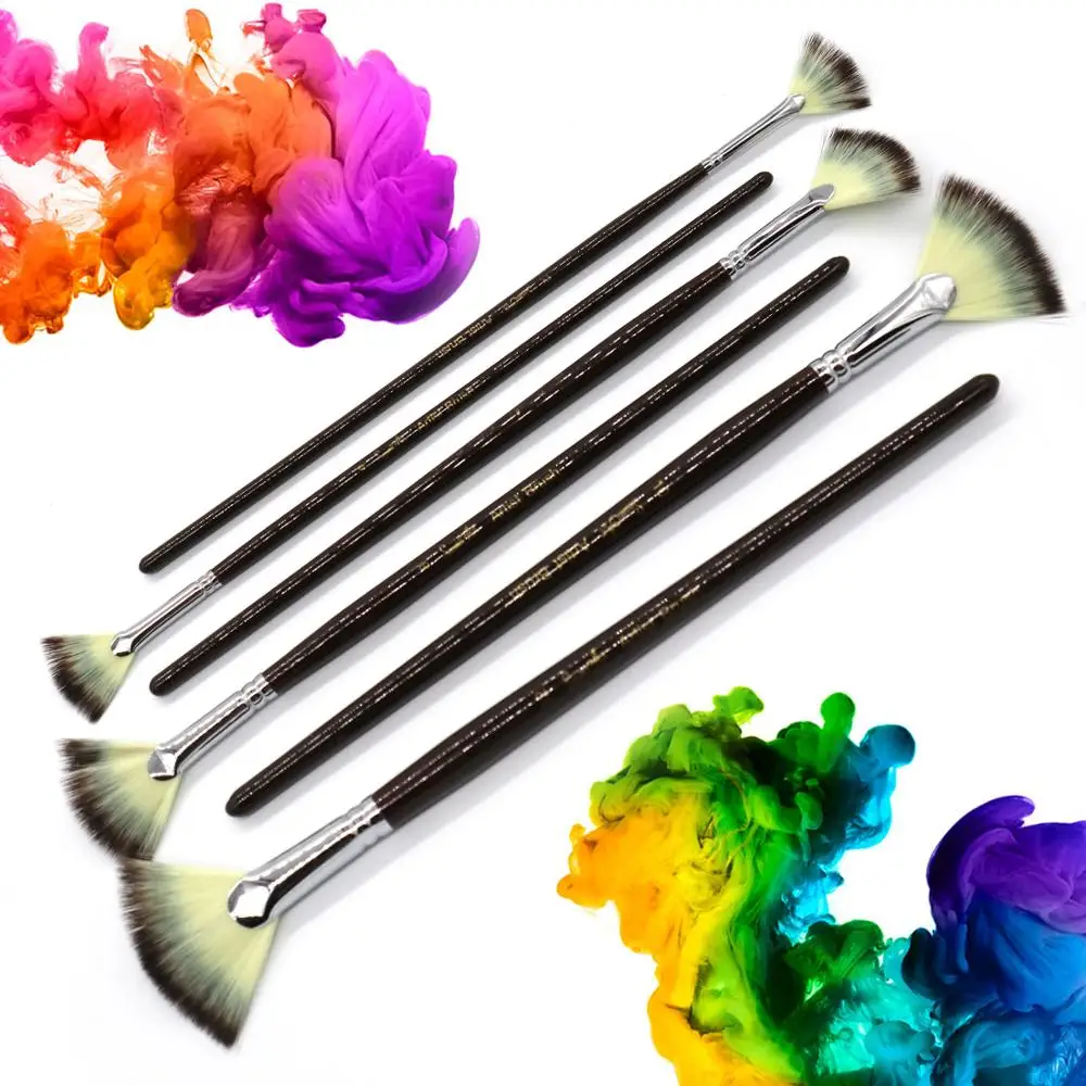 SeamiArt 6Pcs Fan Shaped Nylon Hair Gouache Watercolor Paint Brush Set for School Painting Drawing Painting Brush Art Supplies