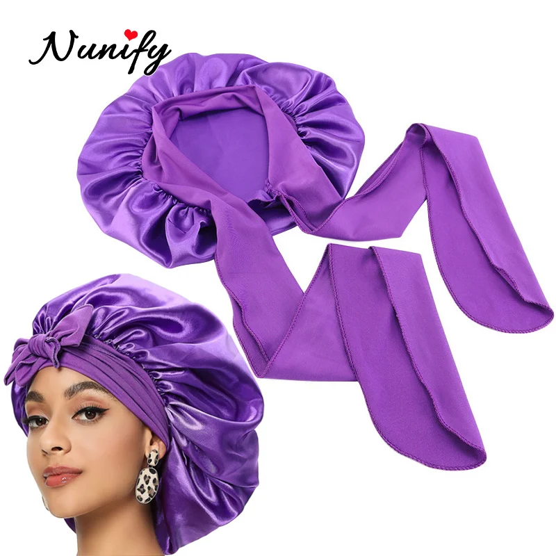 InjBonnet en Satin pour Cheveux Bouclés pour Femme, Grand Bonnet avec Bande, Tresses, Bonnet de Couchage, Noir, 6 Documents Disponibles