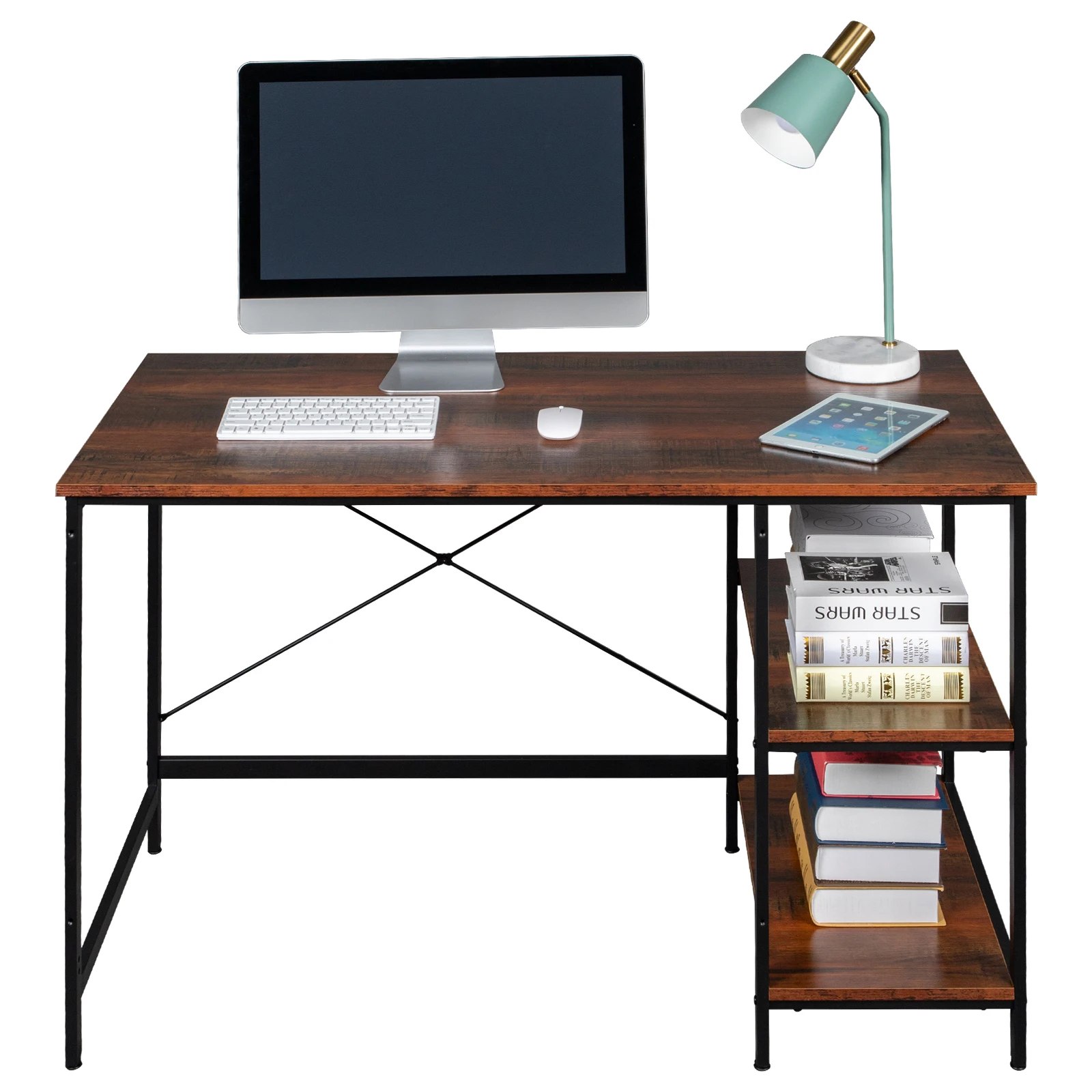 120x60x75CM Industrial Wind Laptop Computer Desk Study Table W/2-Layer Storage Shelf Black Iron Frame MDF Paste Triamine [US-W]