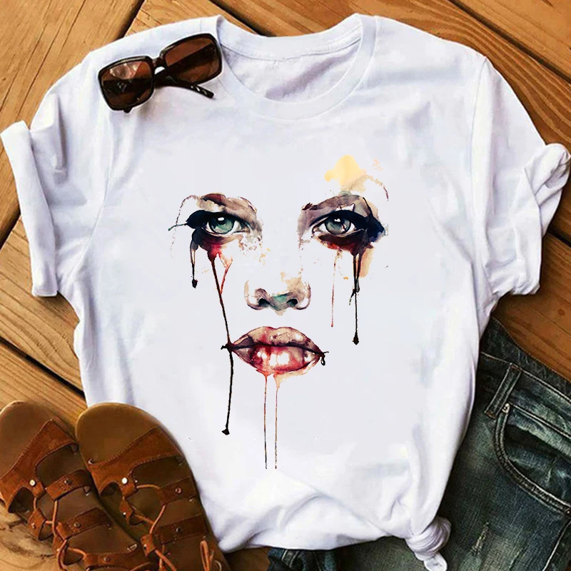 

Women Harajuku Summer Tees & Tops Funny Kawaii TShirts 2021 Ladies White TShirt Tops Colorful Tearful Eyes Graphic Tees Shirts