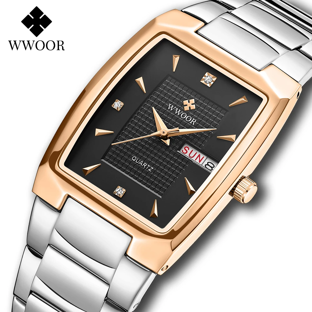 WWOOR Men's Watches Stainless Steel Top Brand Luxury Original Man Quartz Wristwatch Waterproof Week Date Clock Male Reloj Hombre