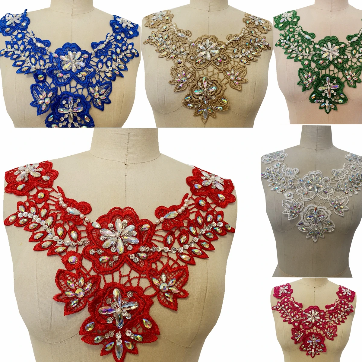 Red/white/blue/green 6 colour rhinestones lace patches trim sew on beads applique accessory for dress neckline