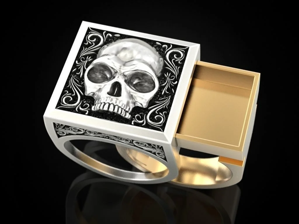 Domineering Two Tone Skull Ring Secret Compartment Memorial Souvenir Cinerary Casket Coffin Anniversary Ring Male Punk Jewelry