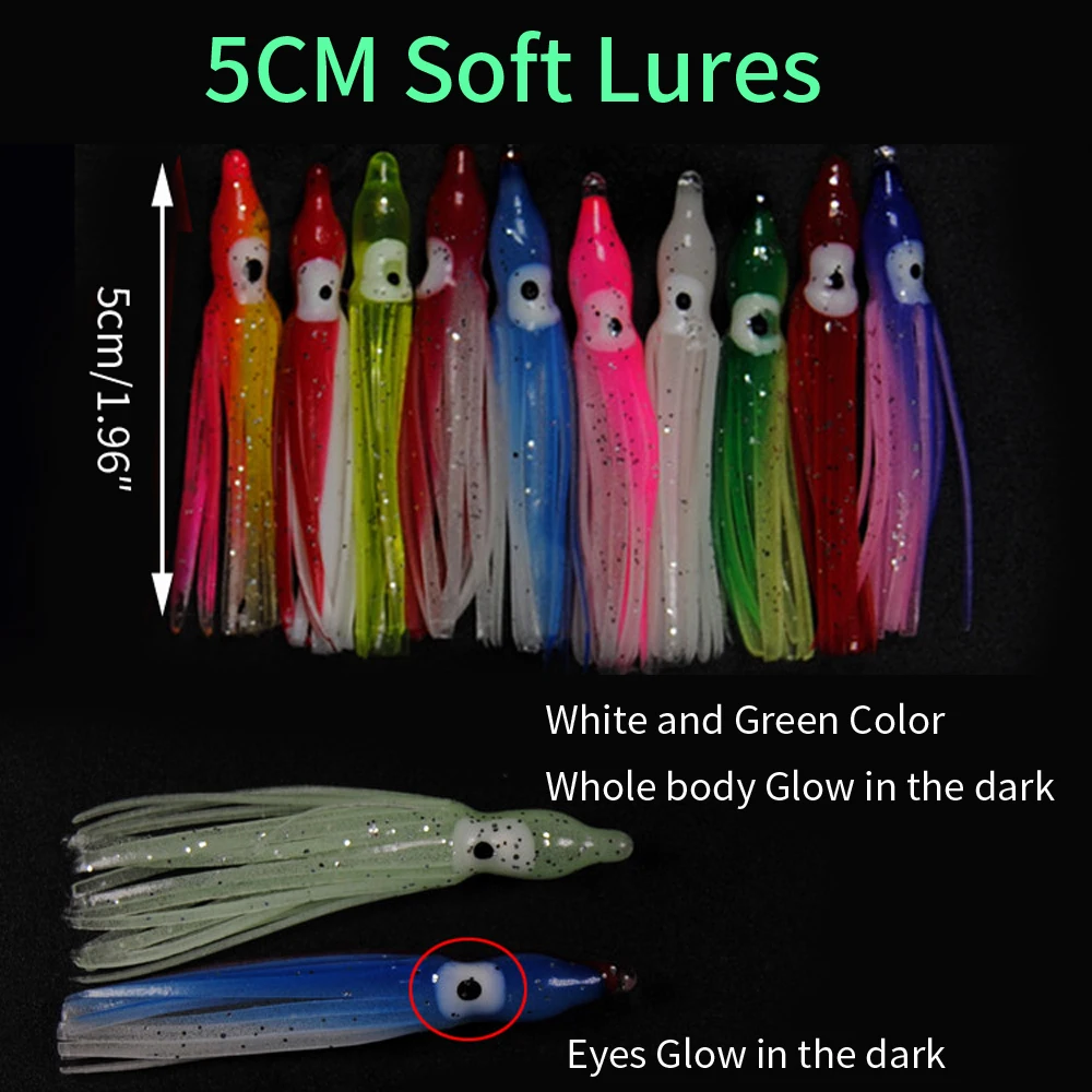 5-18cm Luminous Squid Skirts Soft Lure pesca Night Fishing Lure Octopus Glow Rubber Artificial Bait for Saltwater Fishing