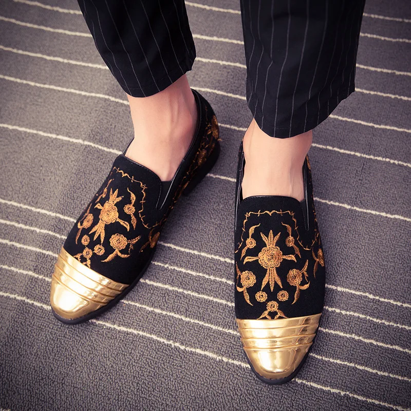 New Fashion Gold Top and Metal Toe Men Velvet Dress shoes italian mens dress shoes Handmade Loafers Party Flats Zapatos Hombre