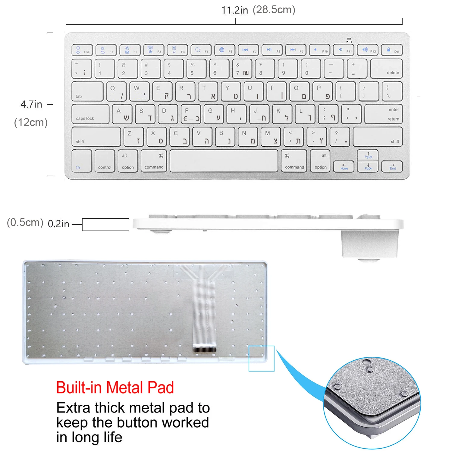 Teclado Bluetooth hebreo ultradelgado, teclado inalámbrico de Israel, poco ruido, Compatible con iOS, iPad, Android, tabletas, Windows