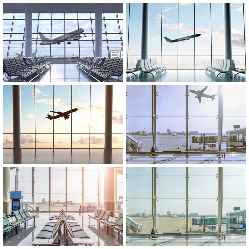 

Laeacco Photography Backdrop Plane Take Off French Window Airport Waiting Room Baby Child Portrait Photo Background Photo Studio