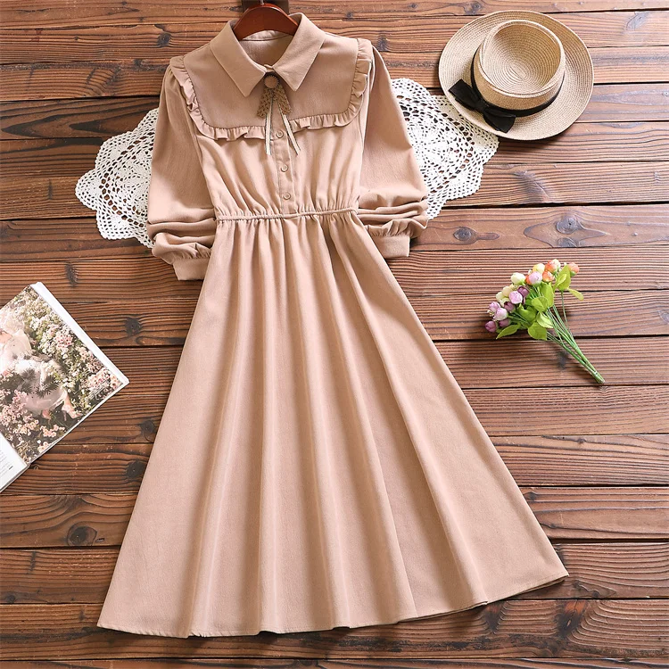 Mori girl elegant solid dress autumn winter fashion long sleeve dress for women