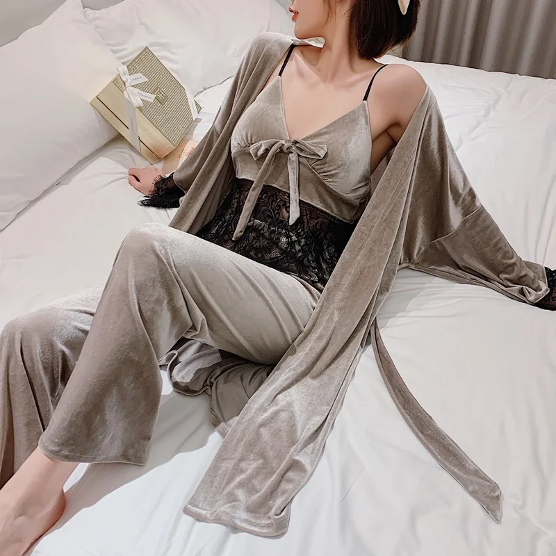 

Robe&Gown Sets 3Pieces Warm Winter Pajamas Women Sexy Lace Gowns kimono Sleepwear Nightwear Homewear Gold Velvet pijamas